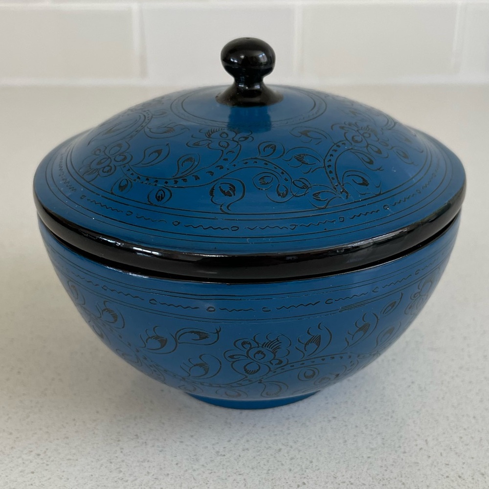 Burmese Hand Carved Blue Lacquer Lidded Bowl